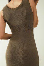 Sleeveless Khaki Knit Midi Dress with Round Neck
