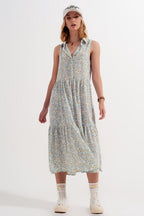 Sleeveless Shirt Dress in Blue Floral Print