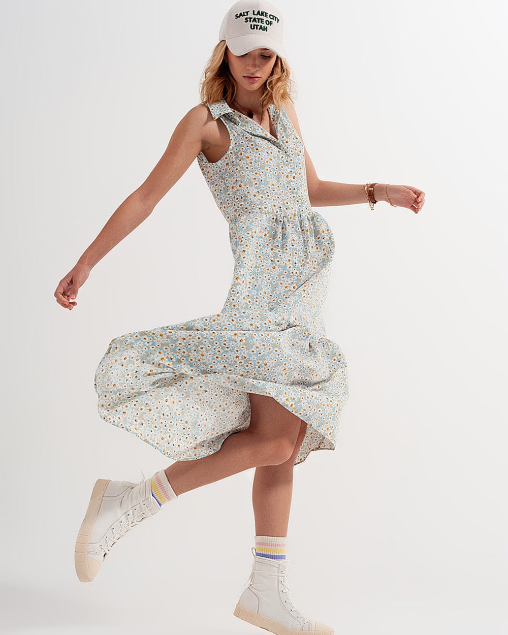 Sleeveless Shirt Dress in Blue Floral Print