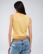Sleeveless Yellow Sweater with Crew Neckline and Braid Detail at Neckline
