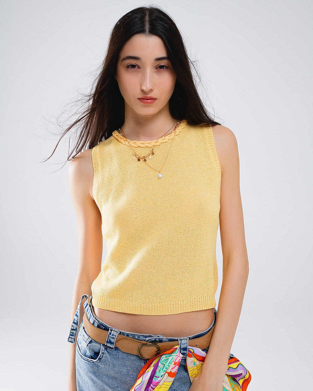 Sleeveless Yellow Sweater with Crew Neckline and Braid Detail at Neckline