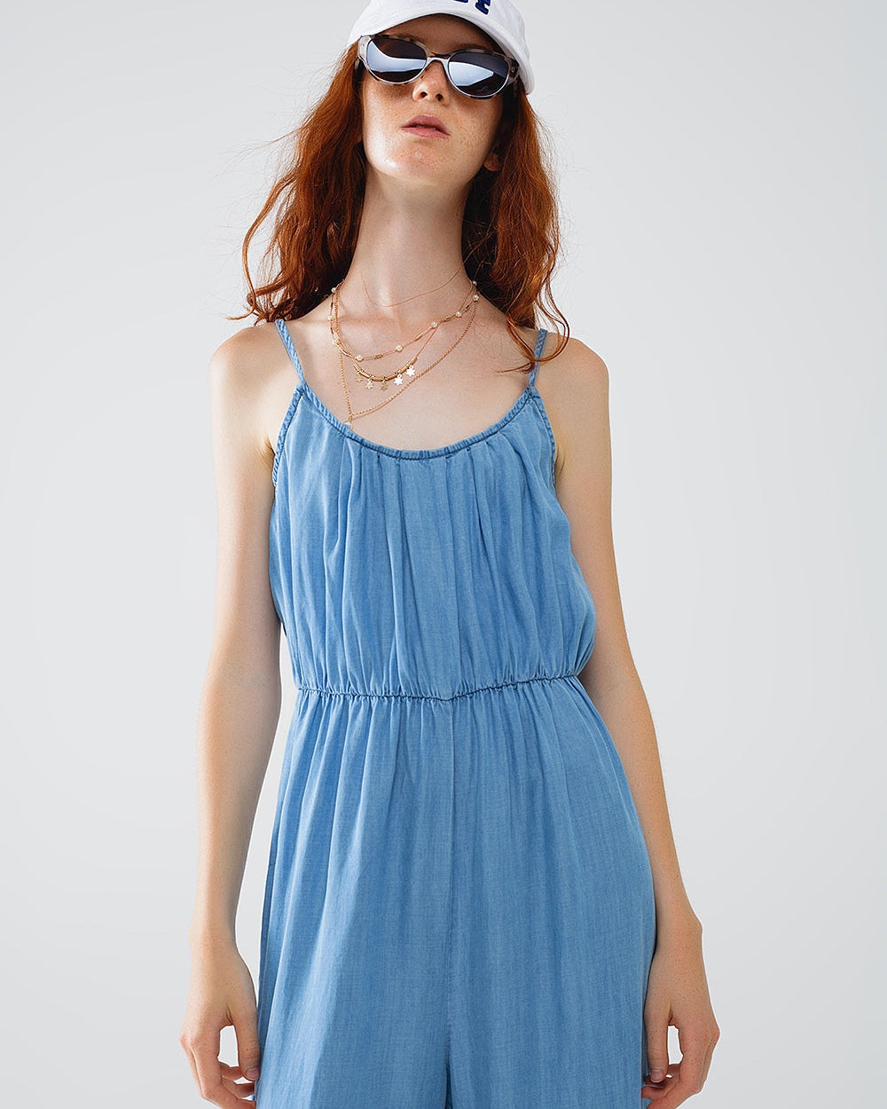 Sleevless Tencel Denim Jumpsuit with Elastic Waist