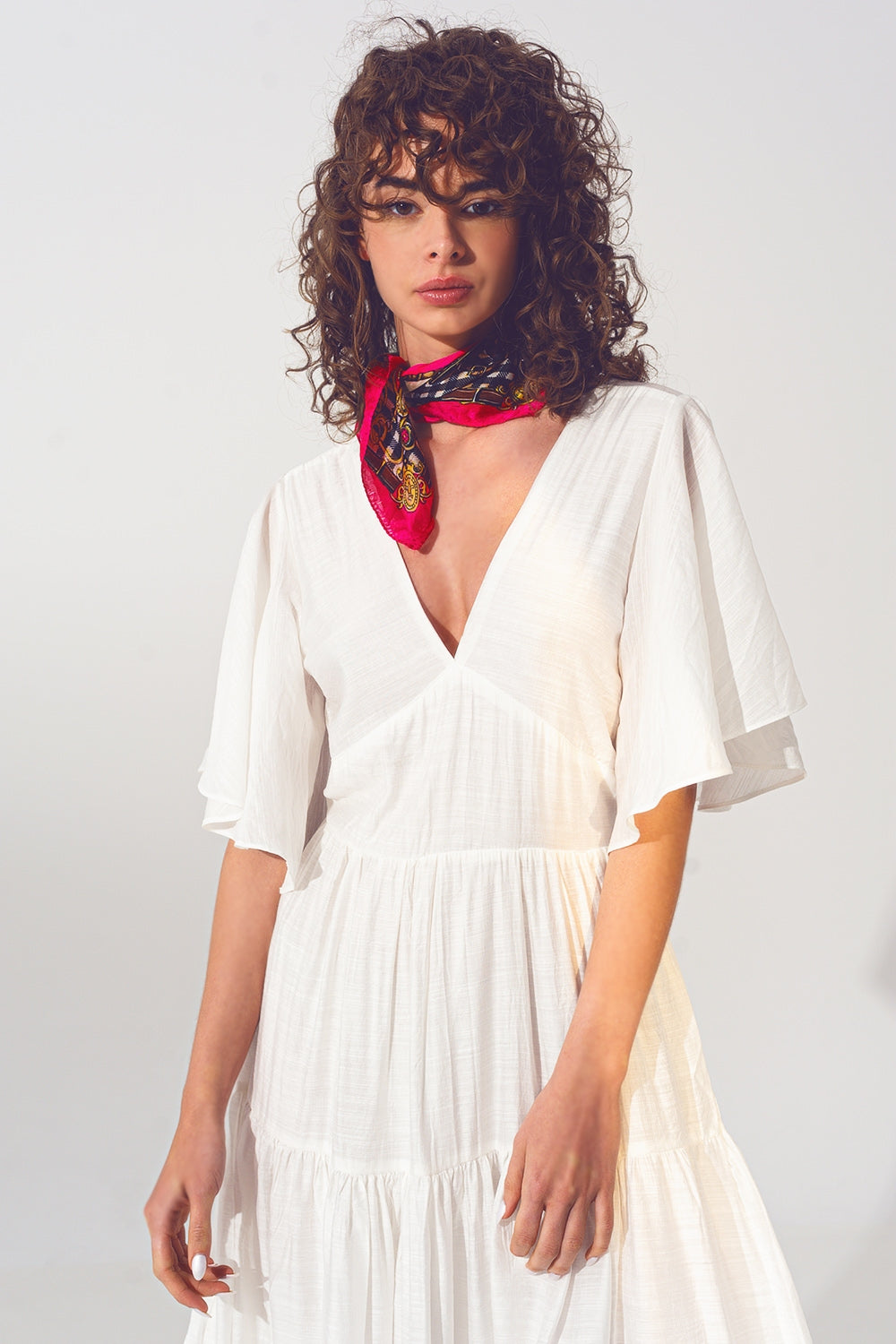 Smock V-Neck Maxi Dress in White