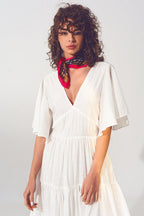 Smock V-Neck Maxi Dress in White