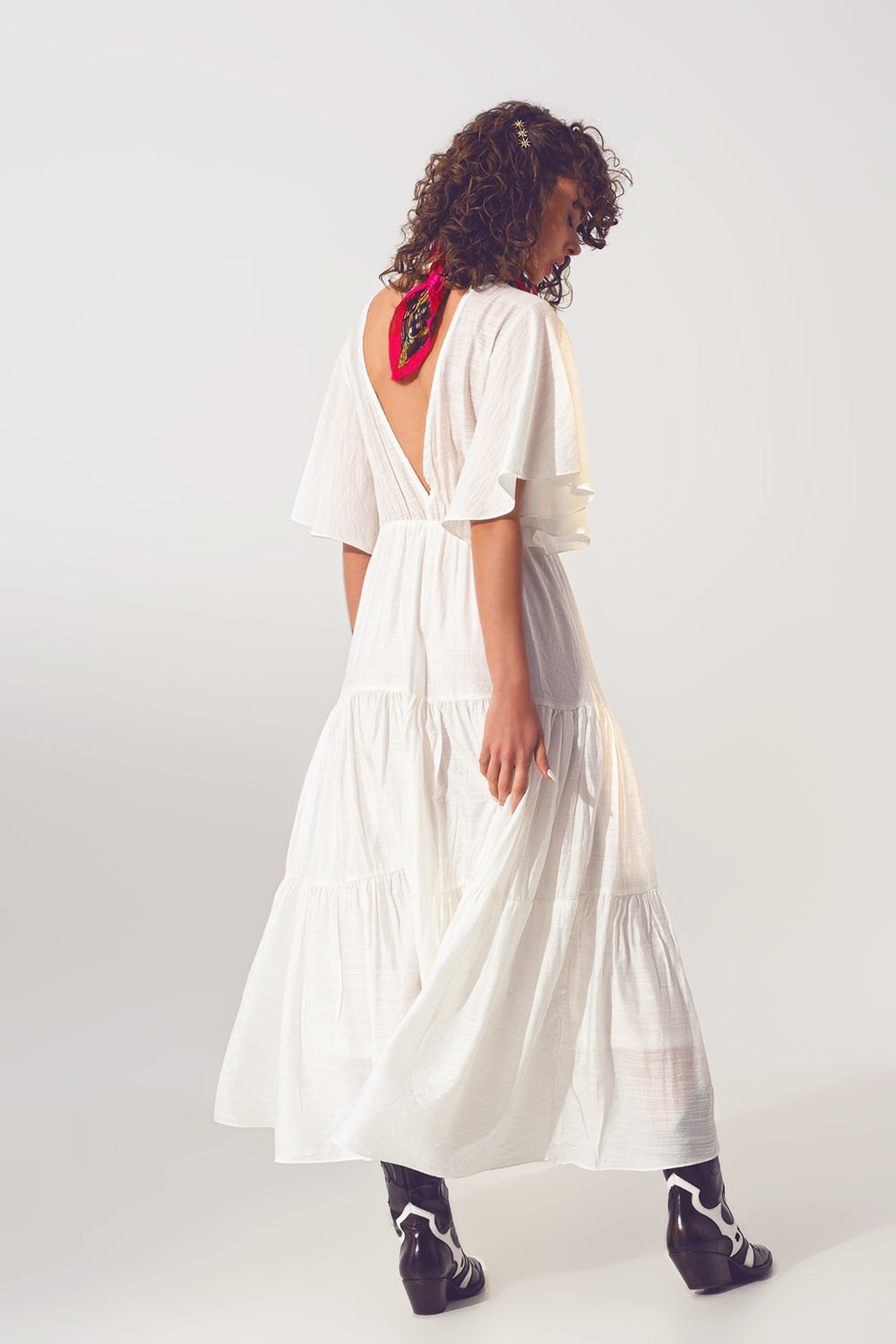 Smock V-Neck Maxi Dress in White