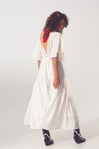 Smock V-Neck Maxi Dress in White