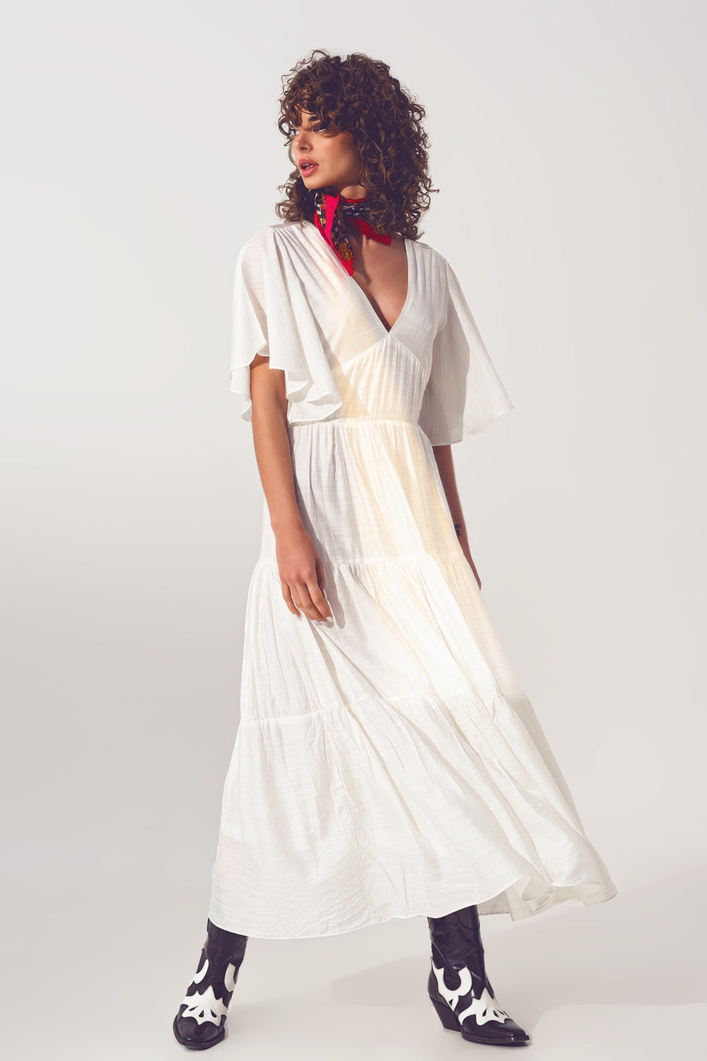 Smock V-Neck Maxi Dress in White