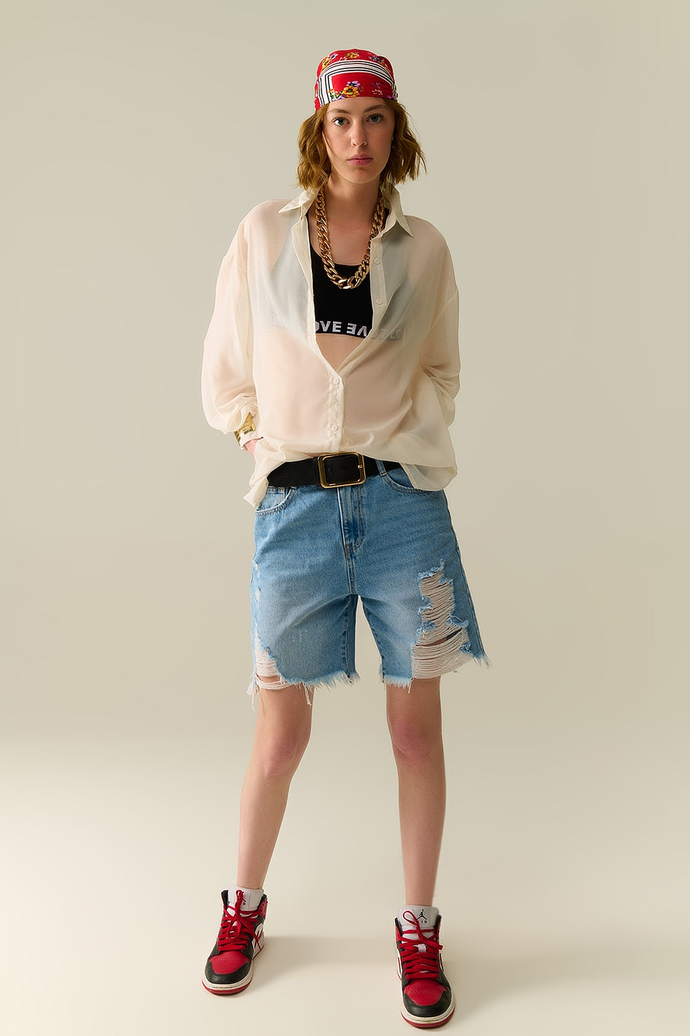 Soft Beige Chiffon Blouse with Glitter Detail