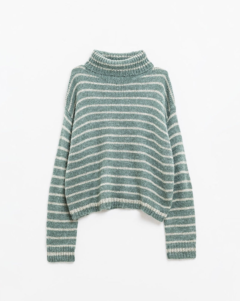 Soft Knit Striped Turtleneck Sweater in Green