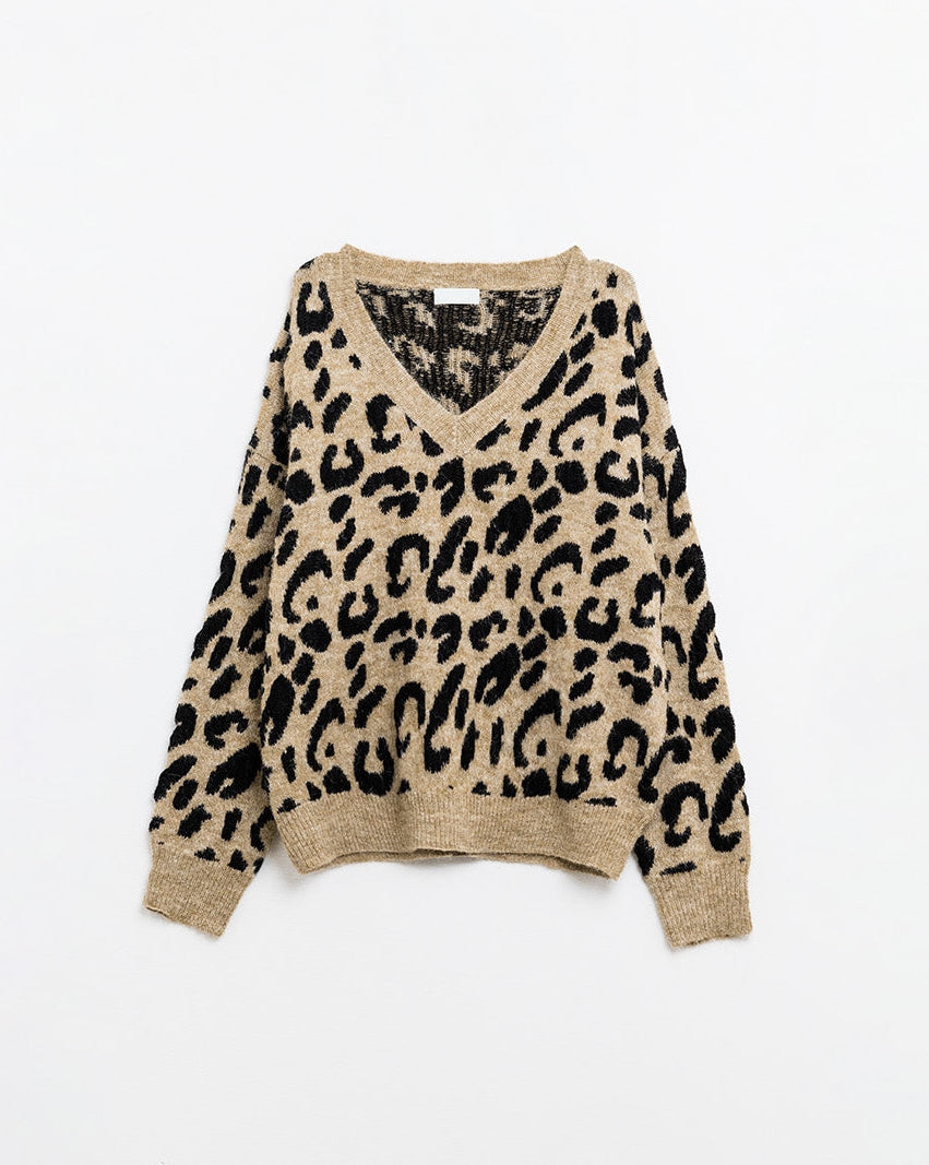 Soft Knit V-Neck Sweater with Leopard Print