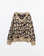 Soft Knit V-Neck Sweater with Leopard Print