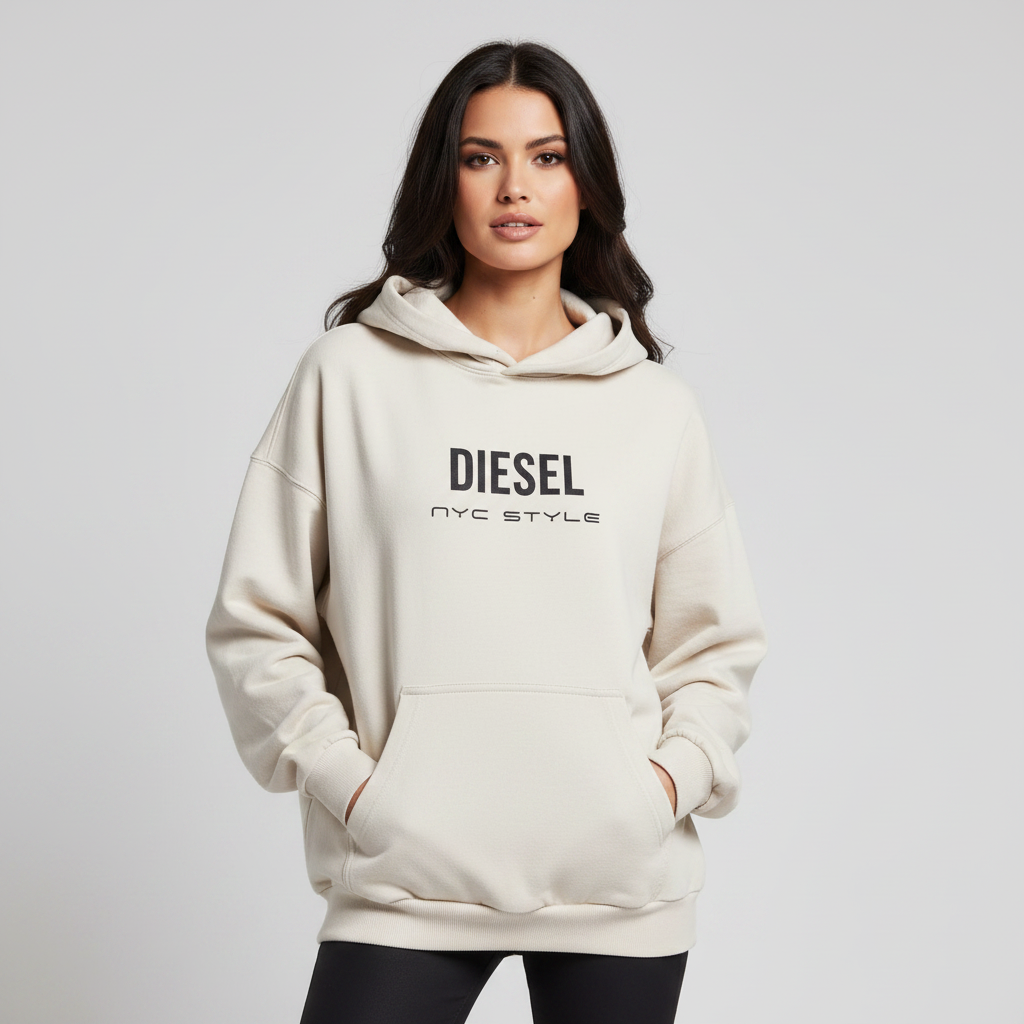 NYC Style Diesel Print Distressed Hoodie | Sand