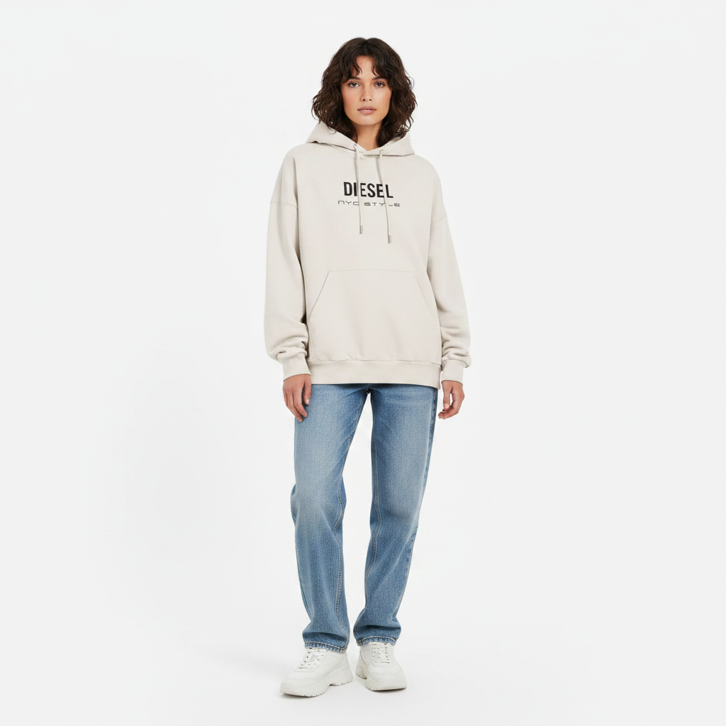 NYC Style Diesel Print Distressed Hoodie | Sand
