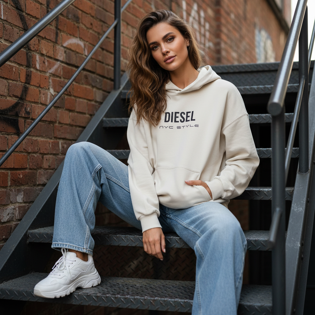 NYC Style Diesel Print Distressed Hoodie | Sand