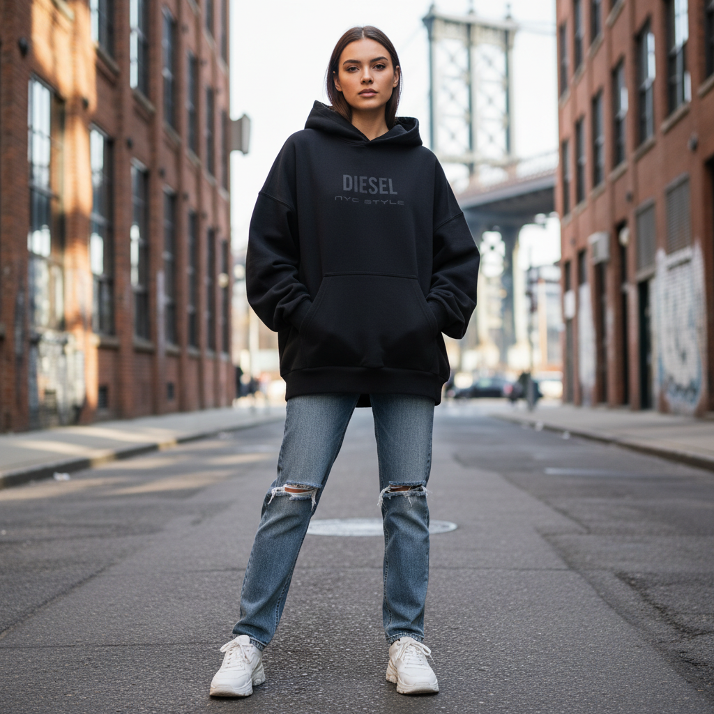 NYC Style Diesel Print Distressed Hoodie | Black