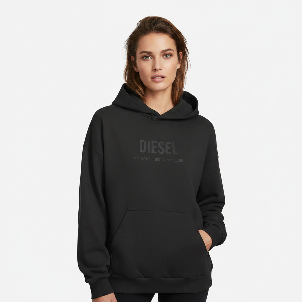 NYC Style Diesel Print Distressed Hoodie | Black