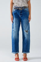 Straight Distressed Jeans with Paint Stains Details