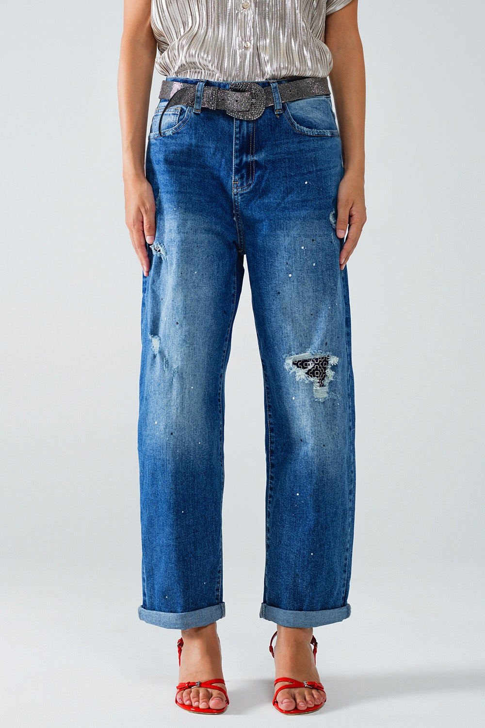 Straight Distressed Jeans with Paint Stains Details