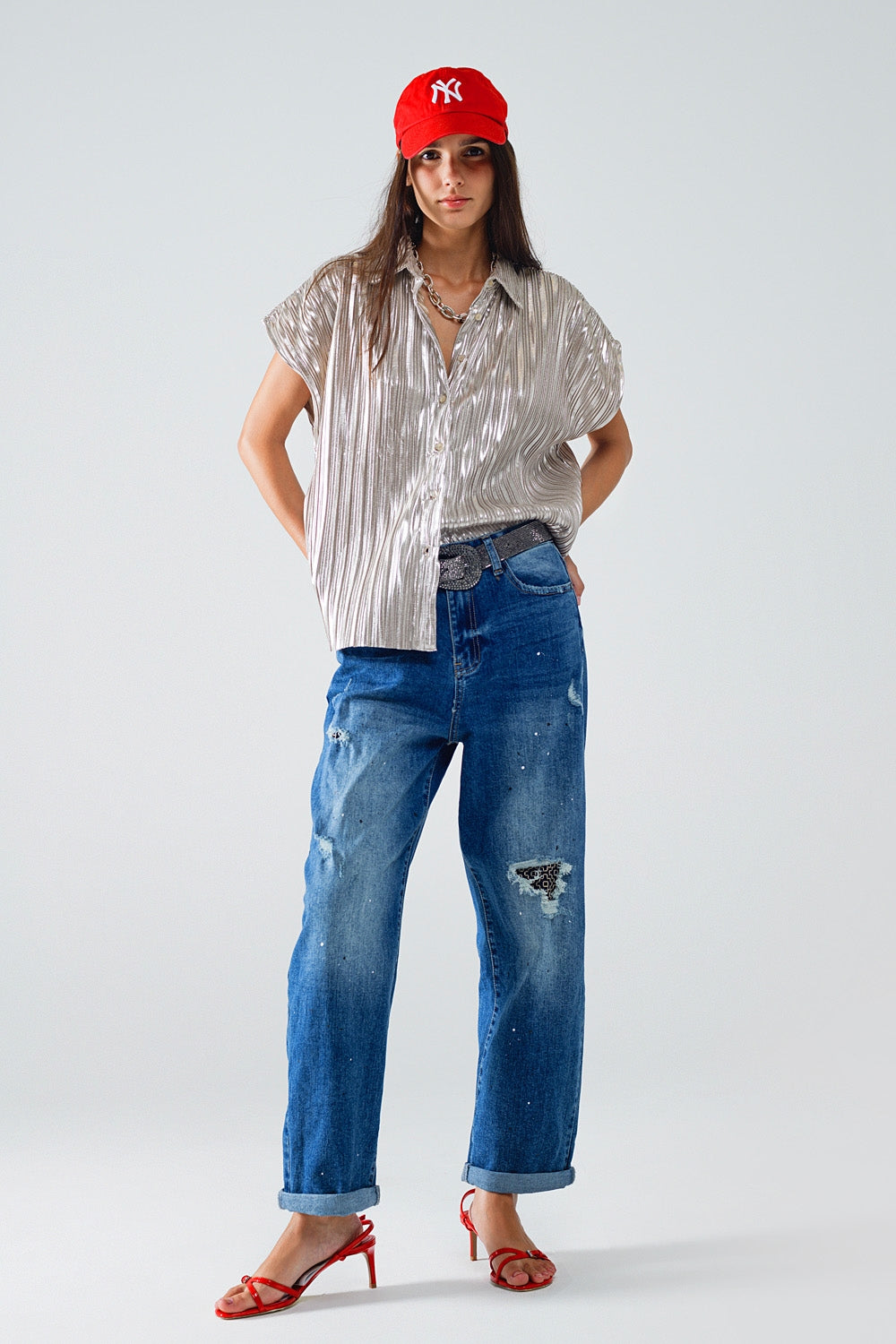 Straight Distressed Jeans with Paint Stains Details