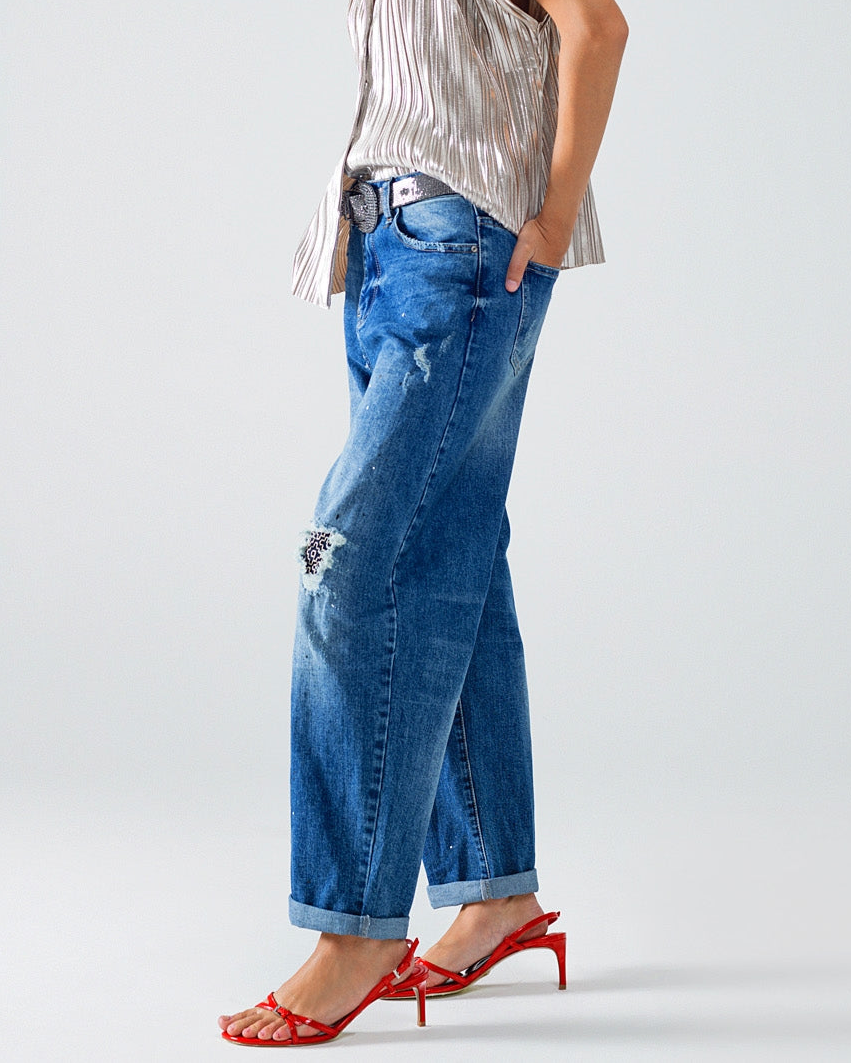 Straight Distressed Jeans with Paint Stains Details