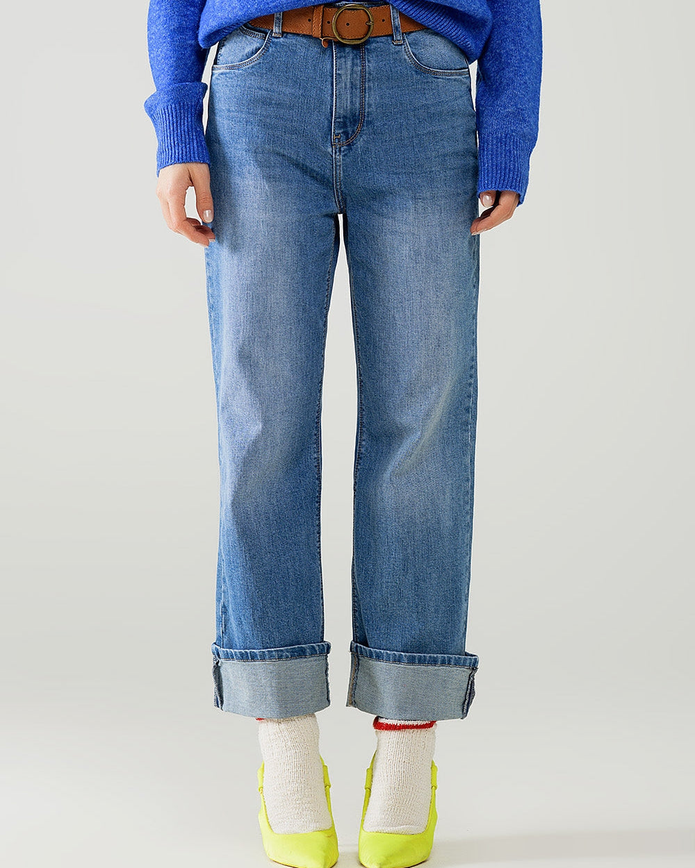 Straight Fit Cuffed Jeans with Mid Wash