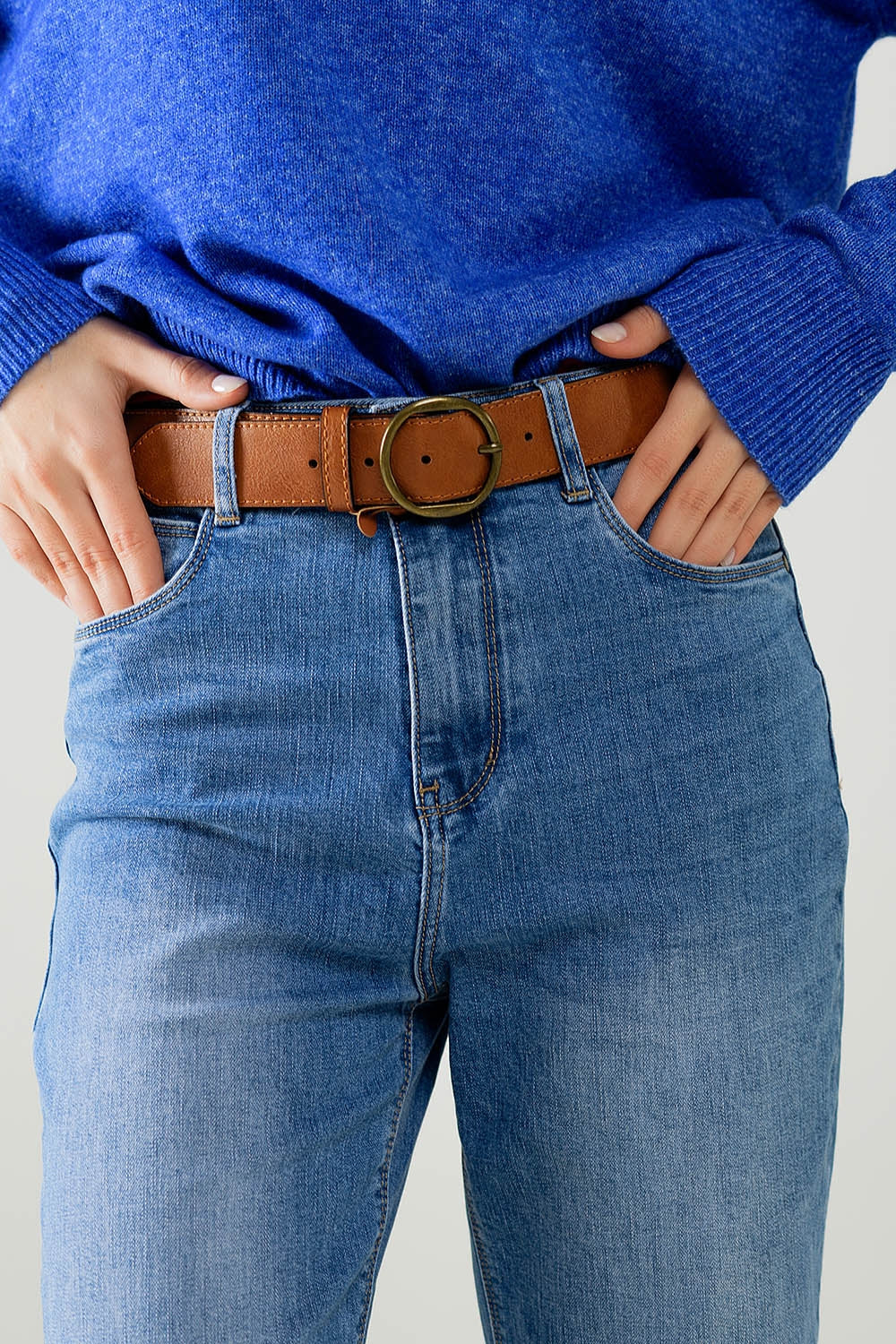 Straight Fit Cuffed Jeans with Mid Wash