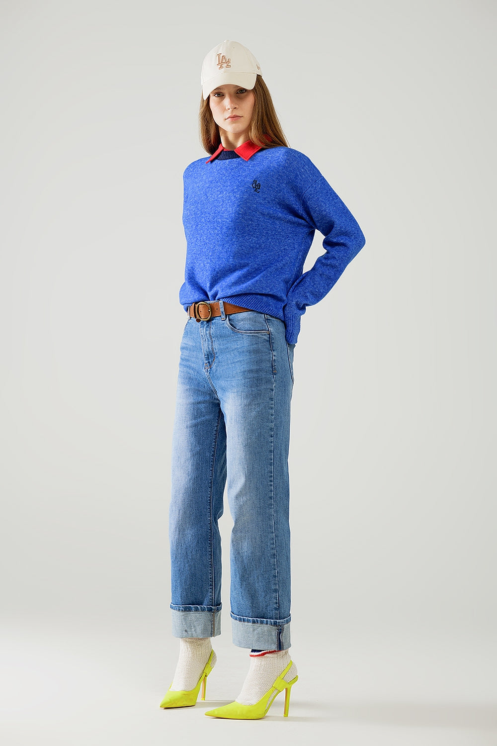 Straight Fit Cuffed Jeans with Mid Wash