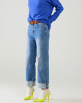 Straight Fit Cuffed Jeans with Mid Wash