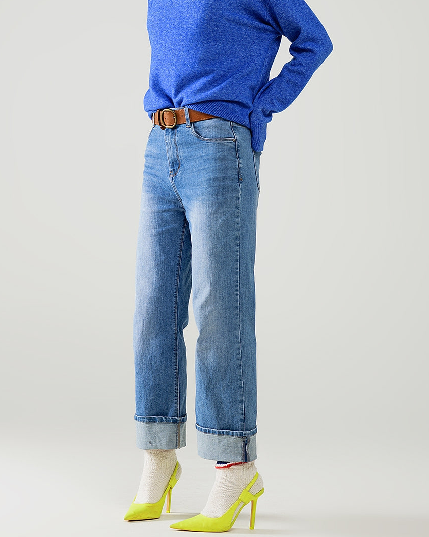 Straight Fit Cuffed Jeans with Mid Wash