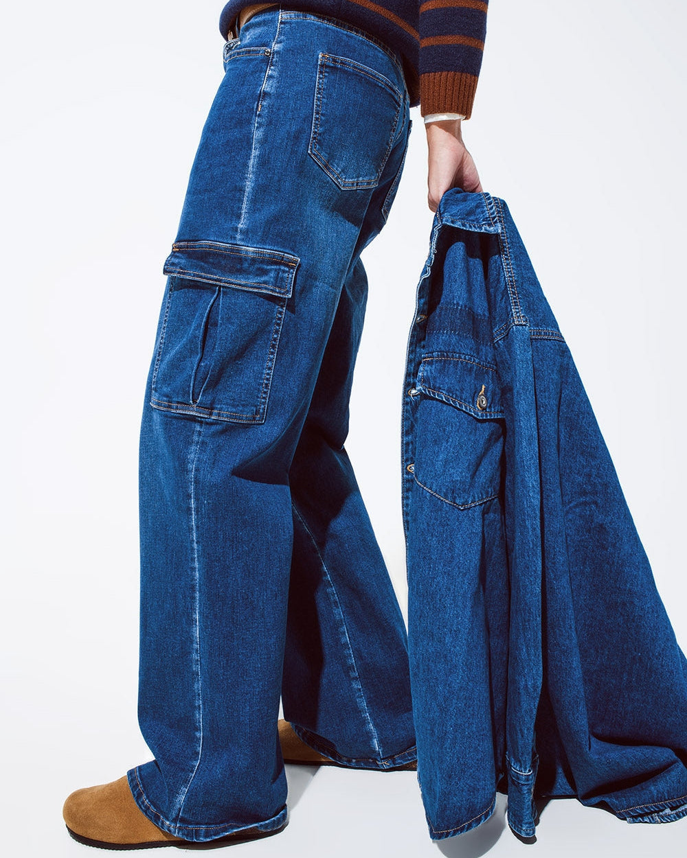 Straight Leg Cargo Style Jeans in Medium Wash