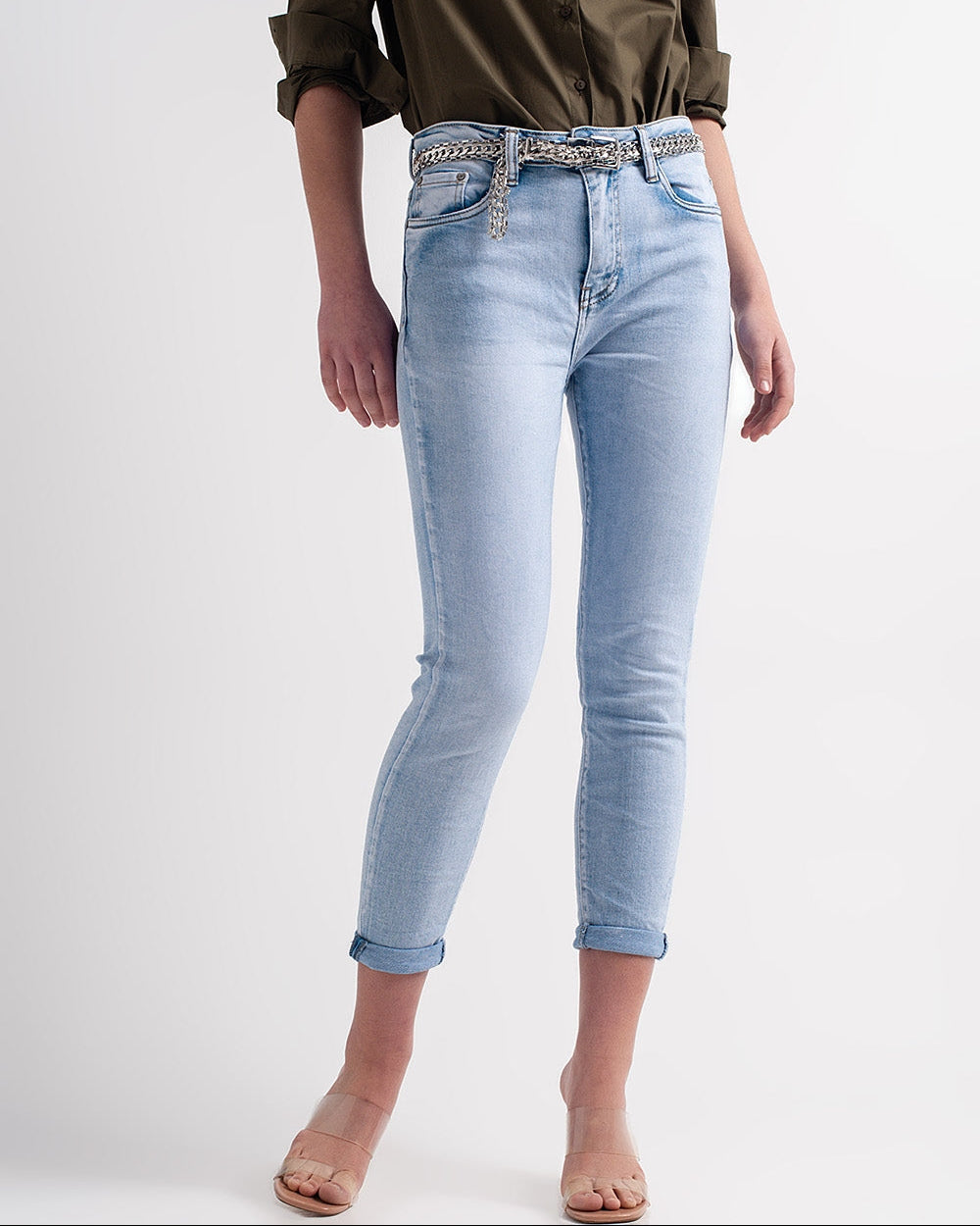 Straight Leg Jeans with Folded Ankles in Light Denim