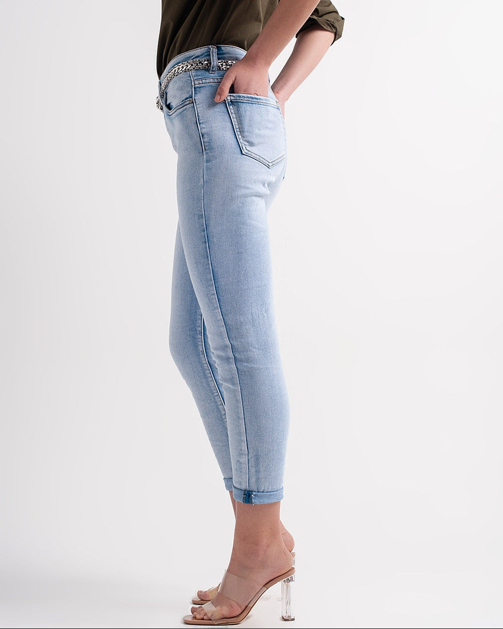Straight Leg Jeans with Folded Ankles in Light Denim