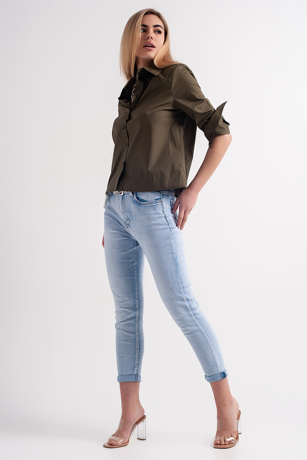 Straight Leg Jeans with Folded Ankles in Light Denim