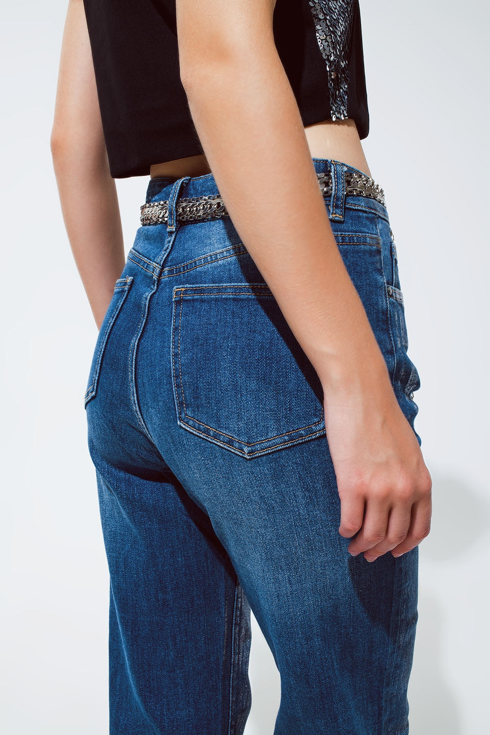 Straight Leg Jeans with Silver Metallic Finish