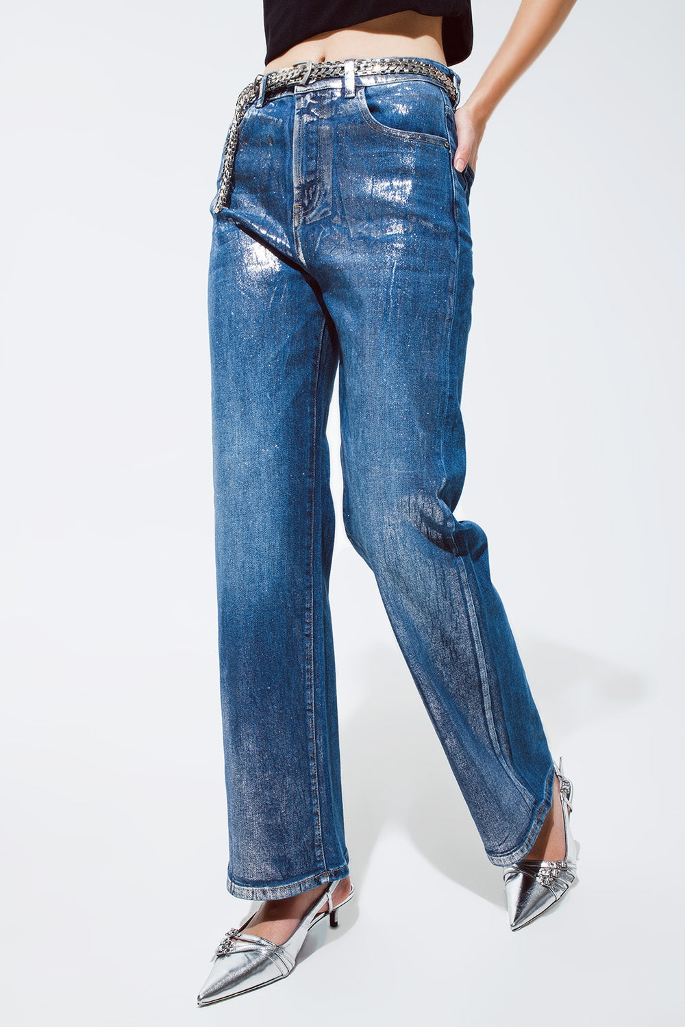 Straight Leg Jeans with Silver Metallic Finish