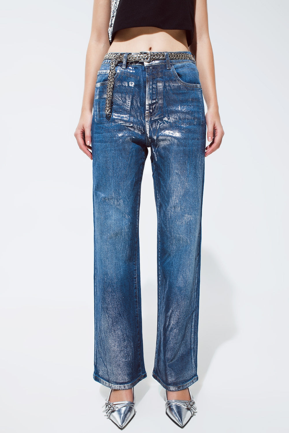 Straight Leg Jeans with Silver Metallic Finish