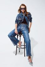 Straight Leg Jeans with Silver Metallic Finish