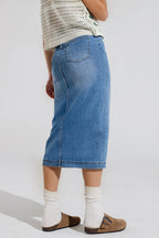 Stretch Denim Midi Skirt with Split Down the Front