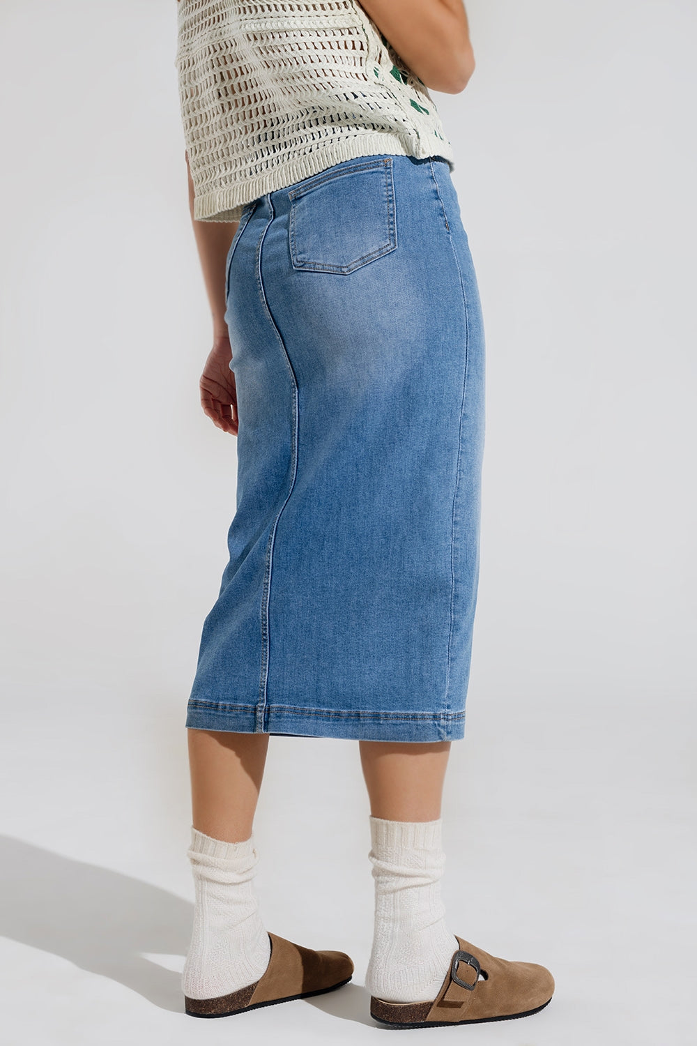 Stretch Denim Midi Skirt with Split Down the Front
