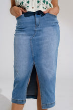 Stretch Denim Midi Skirt with Split Down the Front
