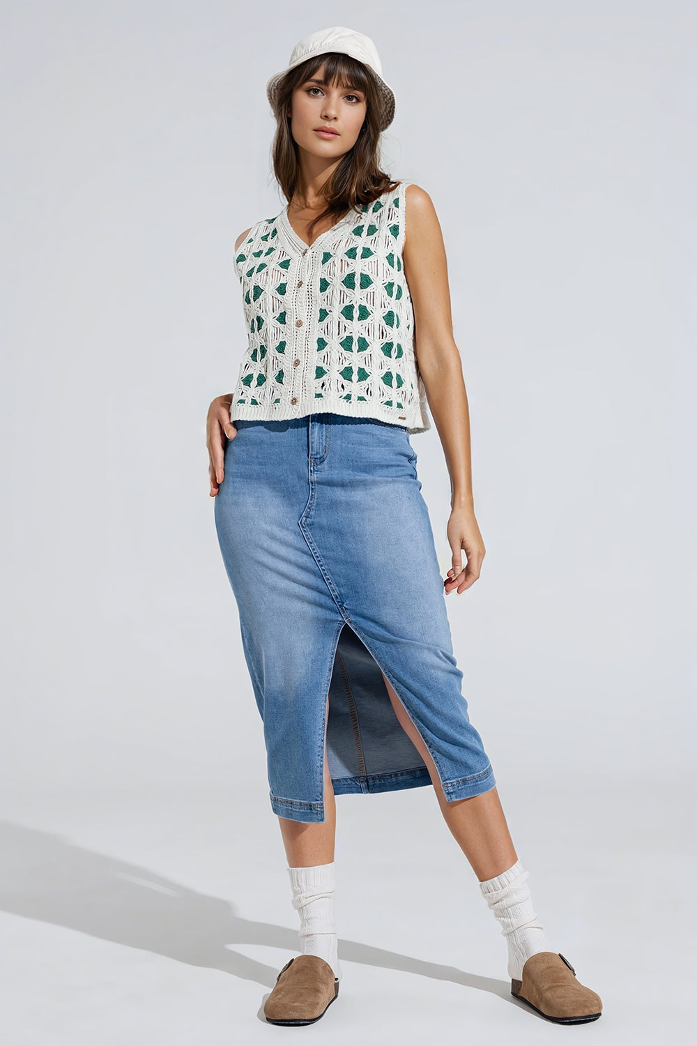 Stretch Denim Midi Skirt with Split Down the Front