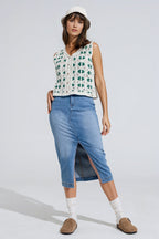 Stretch Denim Midi Skirt with Split Down the Front