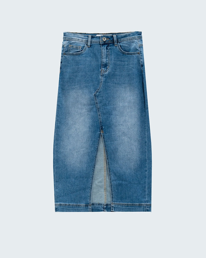 Stretch Denim Midi Skirt with Split Down the Front