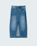 Stretch Denim Midi Skirt with Split Down the Front