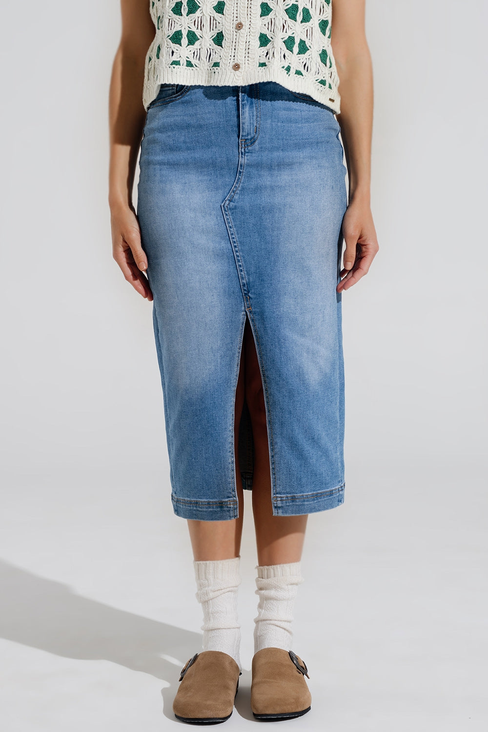 Stretch Denim Midi Skirt with Split Down the Front