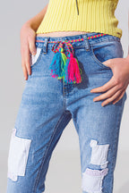 Stretch Skinny Jeans with Patches in Mid Wash and Belt Detail
