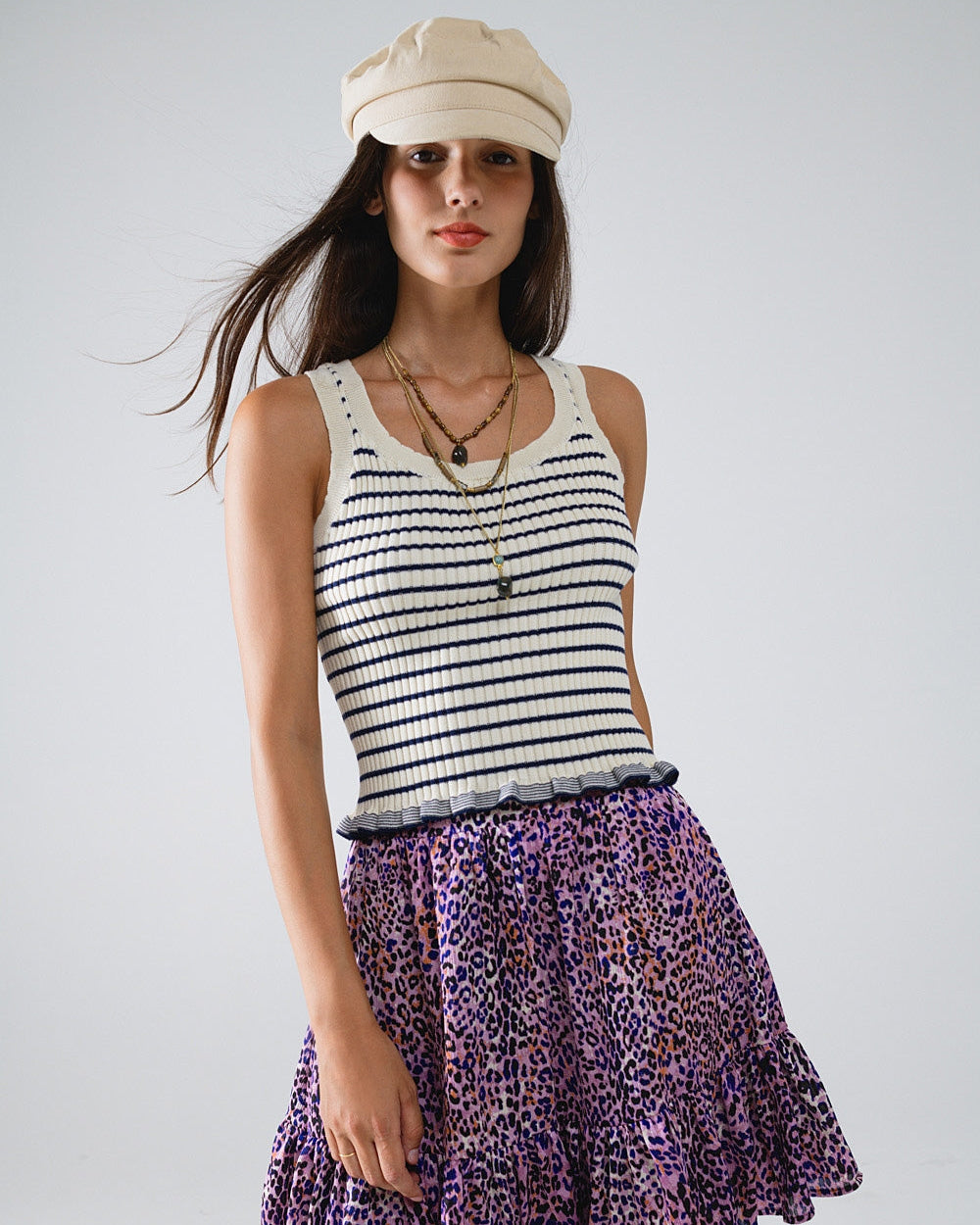 Striped Cream Tank Top with Ruffle Trim