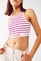 Striped Cropped Top with Love Text in Pink