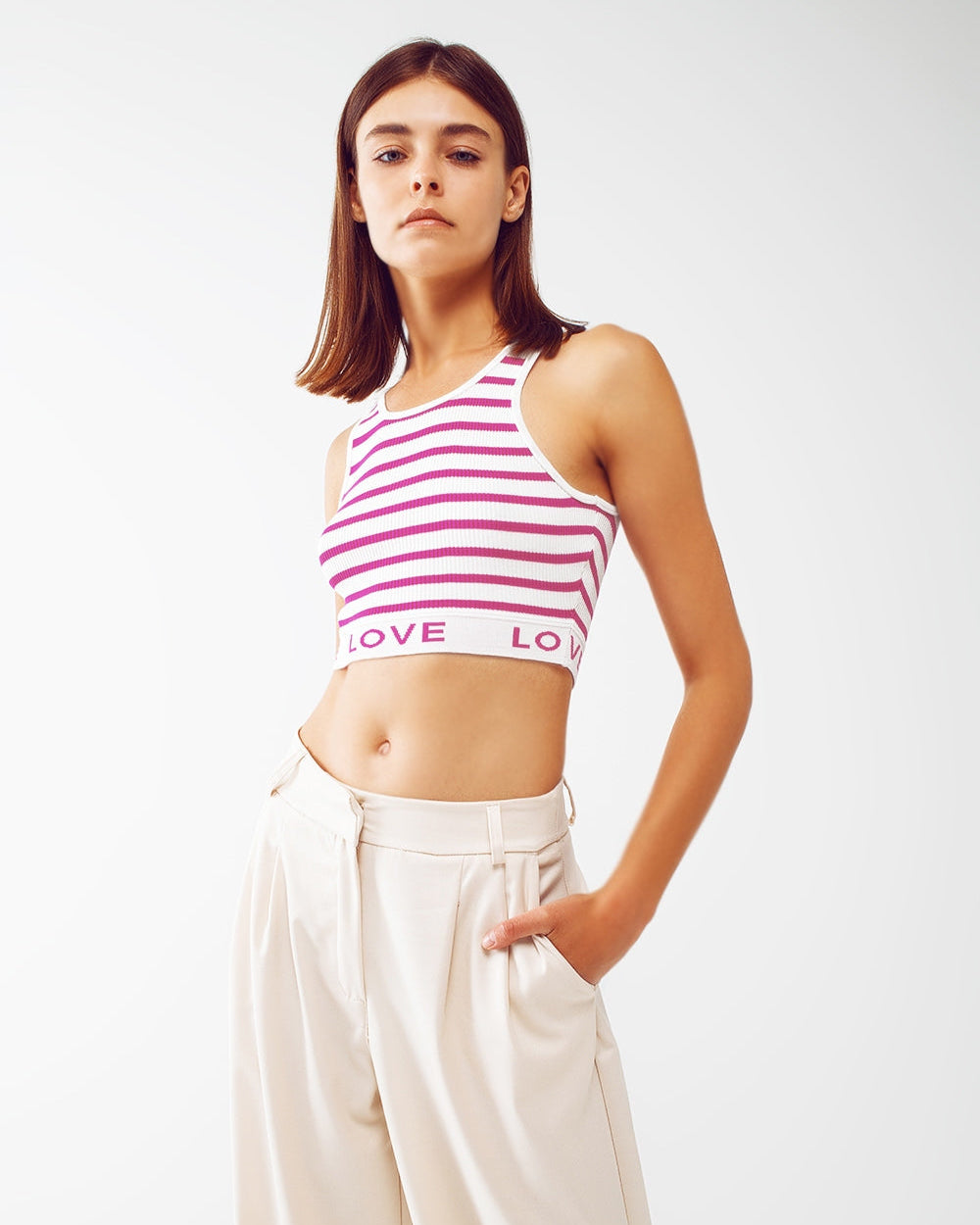 Striped Cropped Top with Love Text in Pink