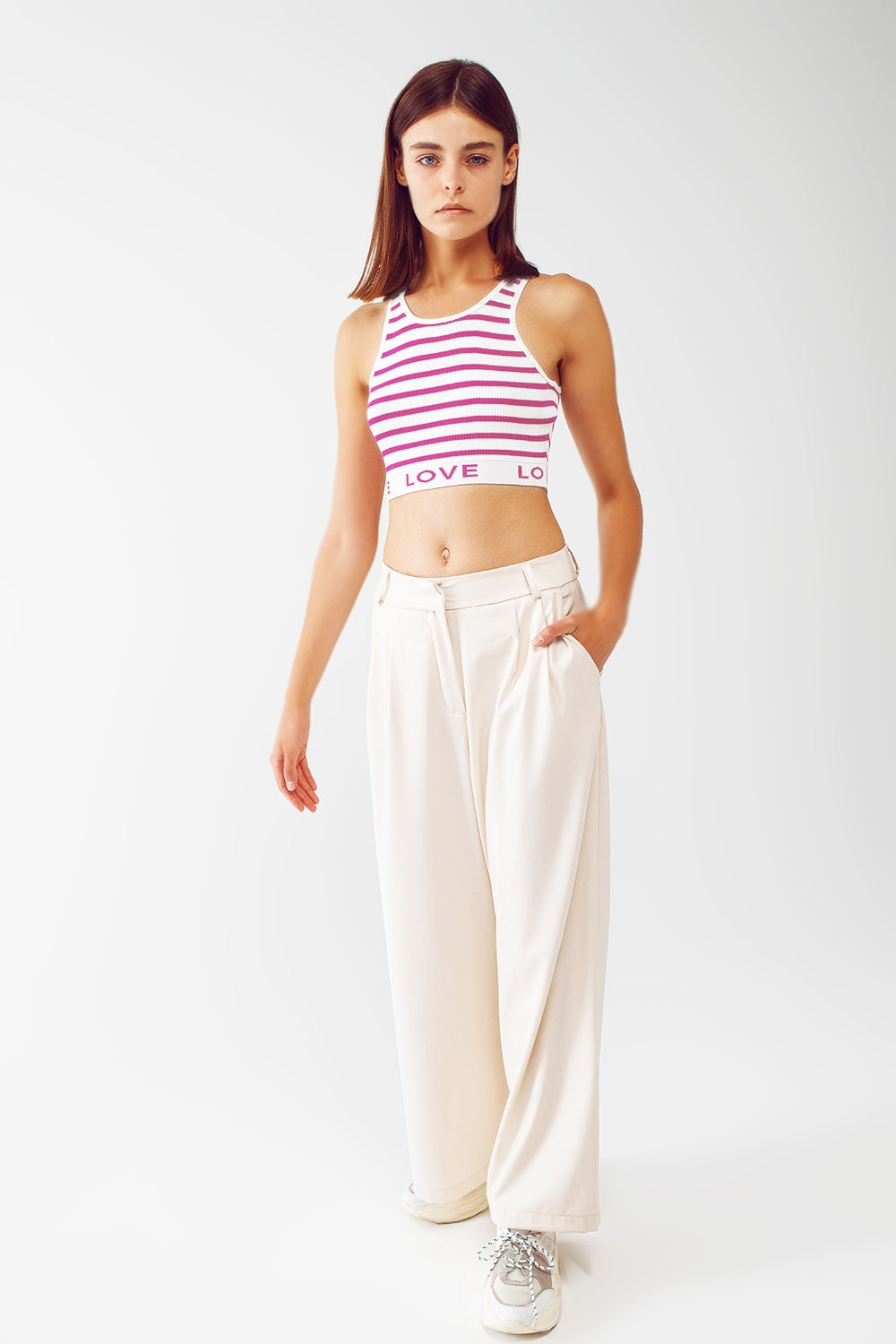 Striped Cropped Top with Love Text in Pink
